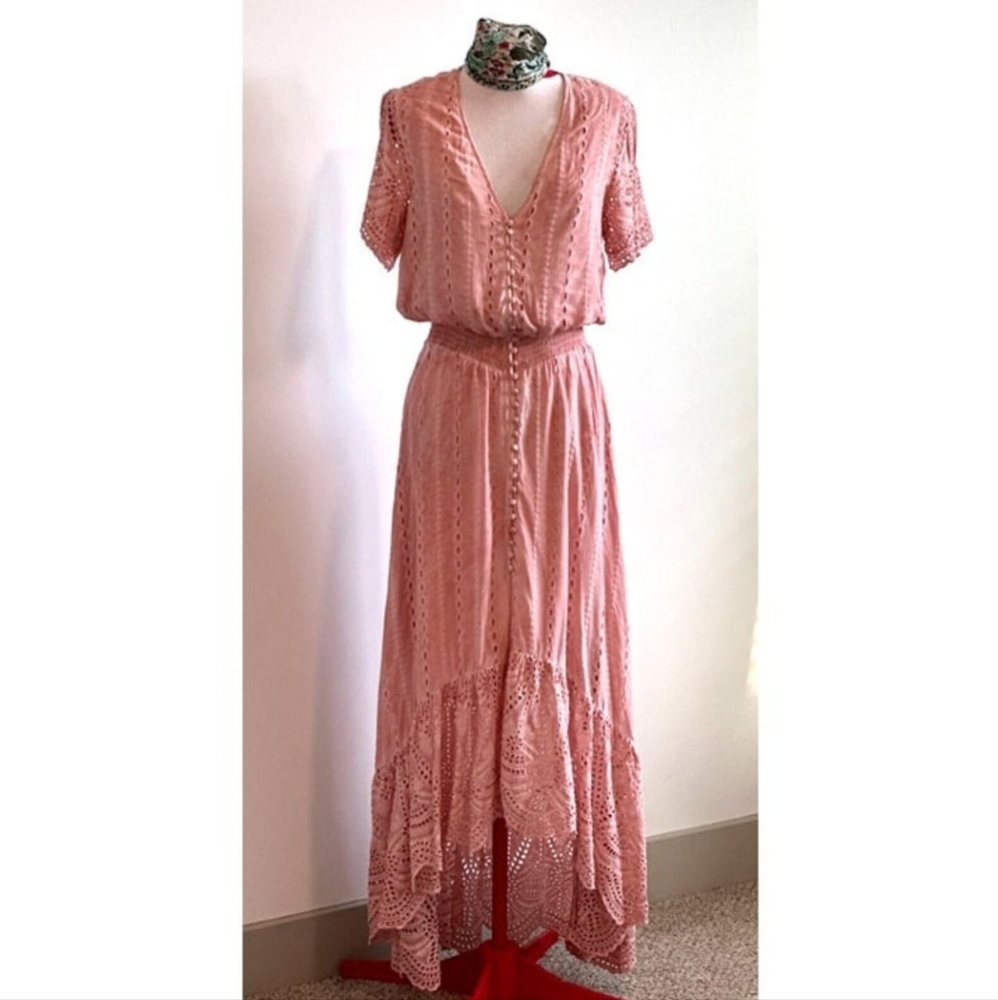 YFB Young Fabulous & Broke Costa Boho Eyelet High Low Tie Dye Lined Maxi Dress L